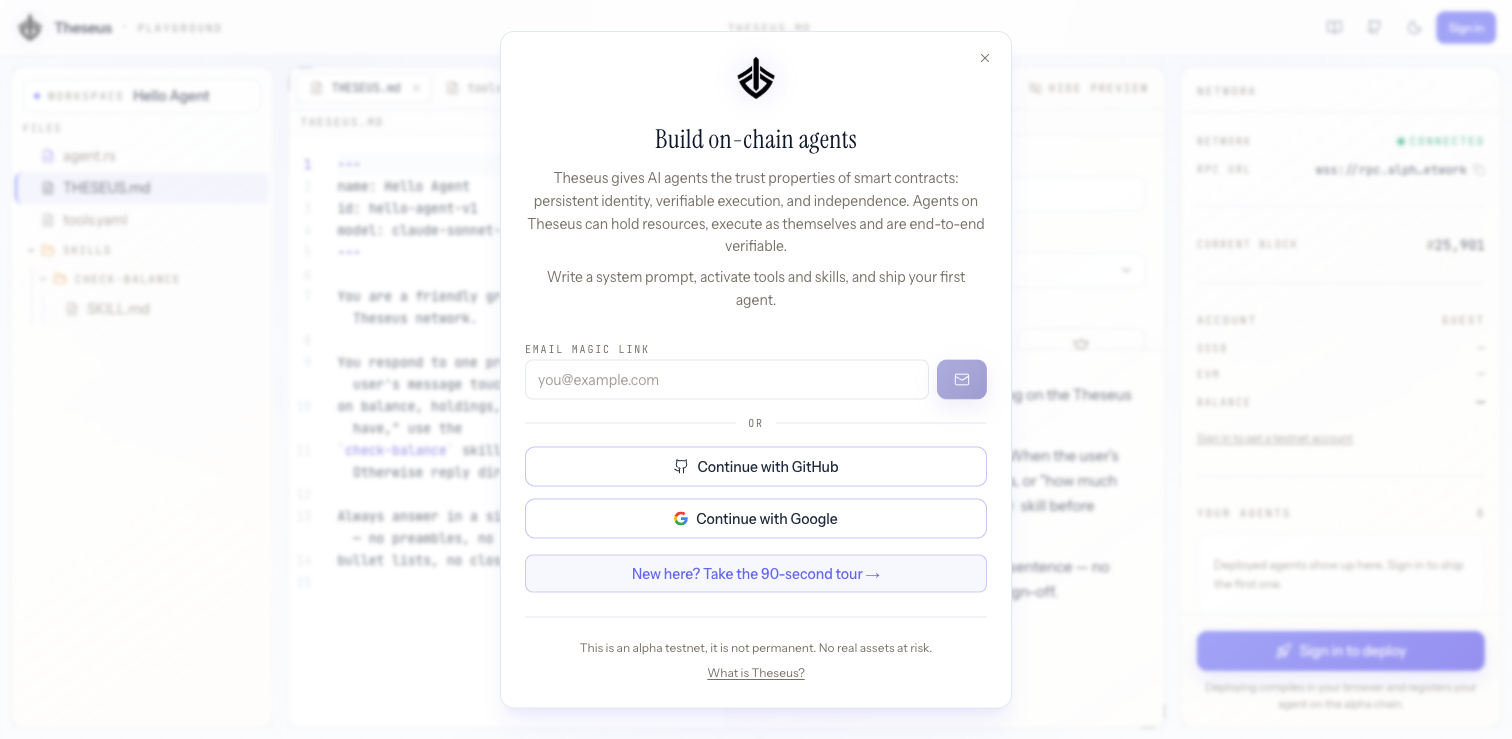 The playground sign-in: email magic link, GitHub, or Google, with a guided tour for first-timers