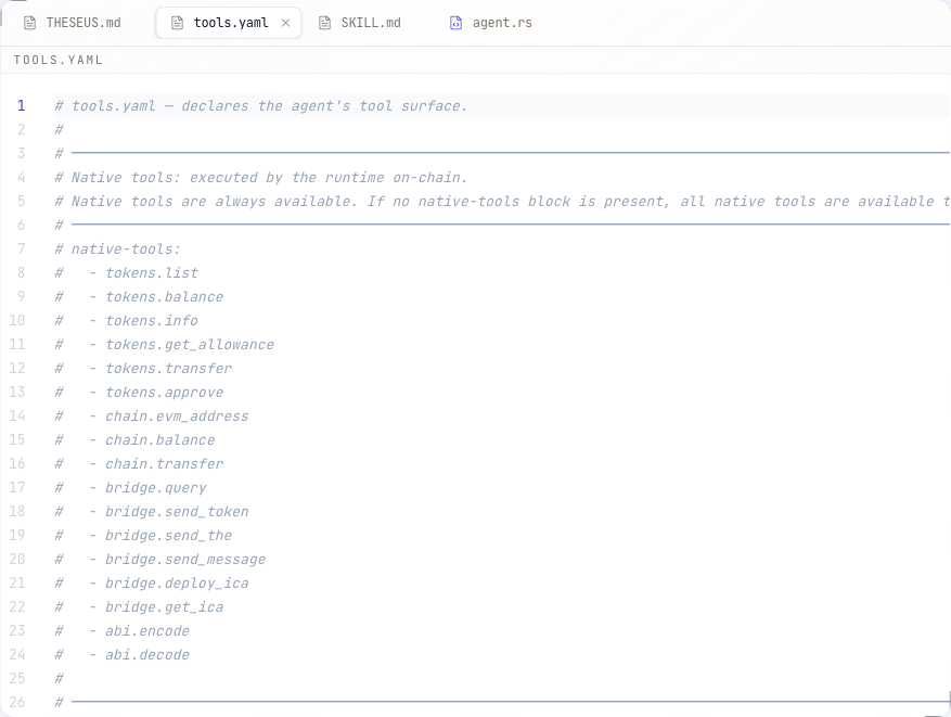 tools.yaml open in the playground, listing the native on-chain tools available to the agent